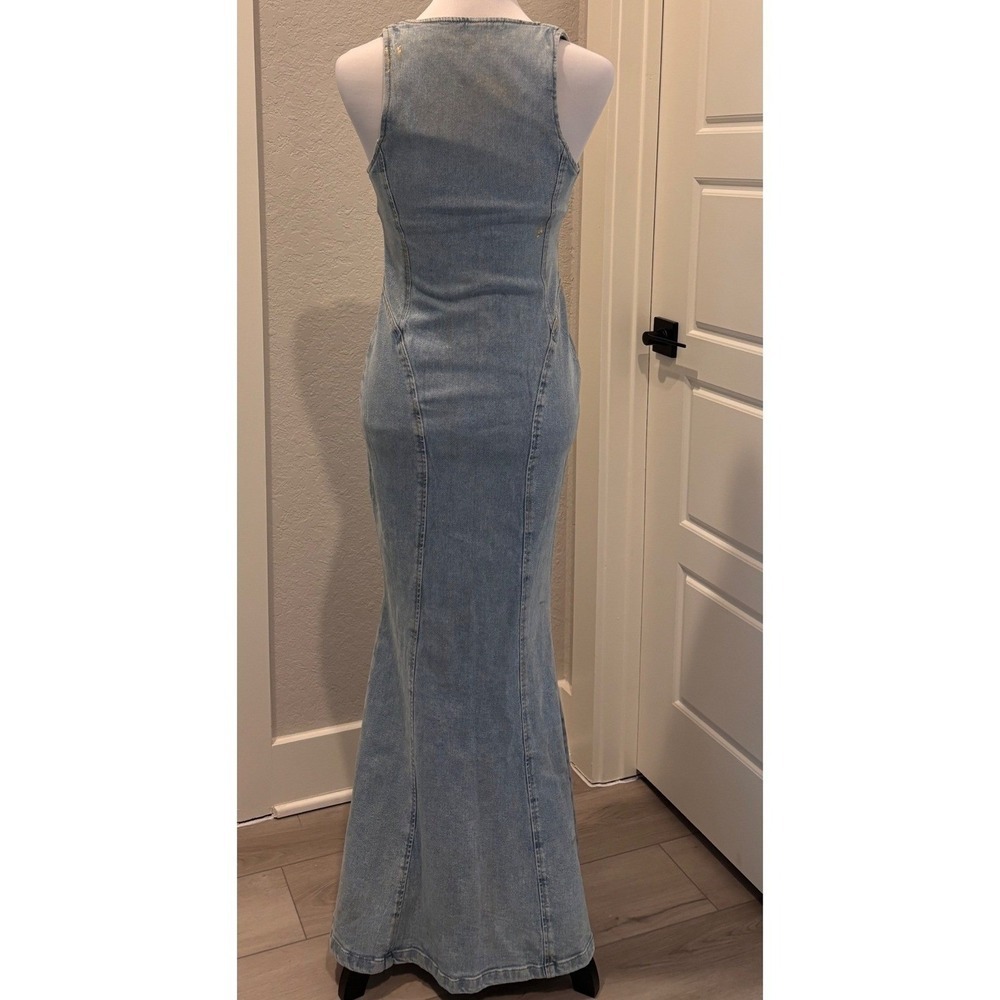 AFRM Kadence Maxi Dress Women XS Light Wash Blue Gold Metallic Finish Mermaid - Picture 6 of 8